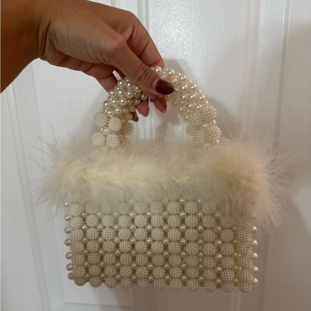 Show Me Your Mumu Pearl Beaded Handbag with Faux Fur Trim “I Do Bag”